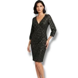 Caché Black & Metallic Gold Shimmer Ruched Faux-Wrap Dress – Large